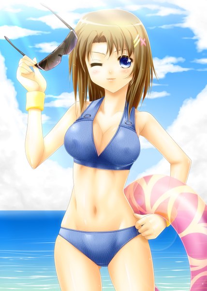 Anime picture 1000x1400 with mahou shoujo lyrical nanoha mahou shoujo lyrical nanoha strikers yagami hayate ayato single tall image short hair blue eyes light erotic brown hair cloud (clouds) one eye closed wink sunglasses removed girl navel swimsuit x hair ornament sunglasses