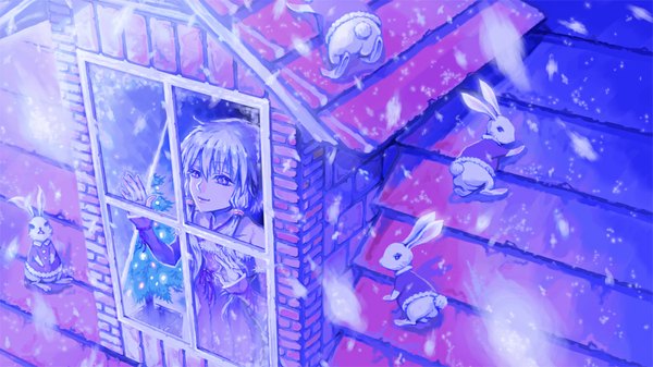 Anime picture 1000x563 with vocaloid yuzuki yukari chaky (artist) long hair smile wide image purple eyes twintails silver hair indoors night low twintails snowing christmas looking up winter new year brick wall girl detached sleeves