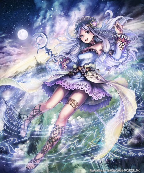 Anime picture 1326x1600 with shinma x keishou! ragnabreak original anbe yoshirou single long hair tall image looking at viewer open mouth blue eyes sky silver hair cloud (clouds) braid (braids) night magic girl dress hair ornament detached sleeves moon