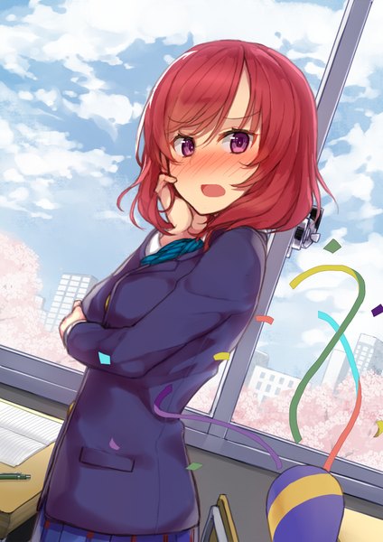 Anime picture 1415x2000 with love live! school idol project sunrise (studio) love live! nishikino maki hitoshi single tall image looking at viewer blush fringe short hair open mouth standing purple eyes sky cloud (clouds) red hair indoors embarrassed cherry blossoms