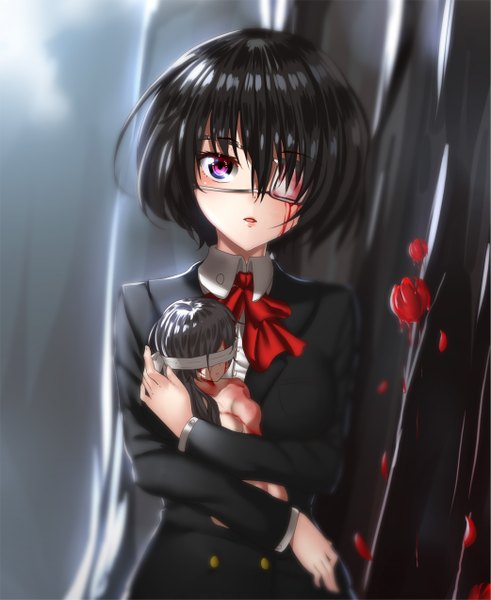 Anime picture 1041x1272 with another p.a. works misaki mei hk (hak) single long hair tall image looking at viewer fringe short hair black hair standing purple eyes holding parted lips hug girl petals eyepatch doll (dolls)