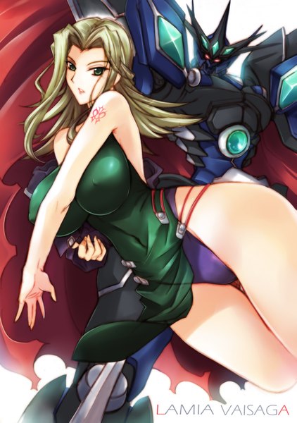 Anime picture 1229x1747 with super robot wars lamia loveless haganef single long hair tall image looking at viewer breasts light erotic green eyes green hair tattoo erect nipples huge breasts covered nipples girl dress underwear panties robot