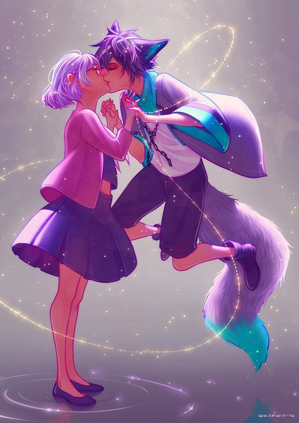 Anime picture 850x1200 with original whispwill tall image short hair standing animal ears purple hair bent knee (knees) tail eyes closed animal tail profile grey background couple fox ears magic holding hands fox tail kiss weightlessness