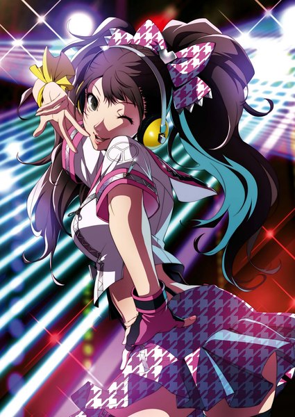 Anime picture 1255x1773 with persona 4 persona kujikawa rise single long hair tall image looking at viewer open mouth black hair smile twintails brown eyes one eye closed wink wavy hair girl skirt bow hair bow headphones