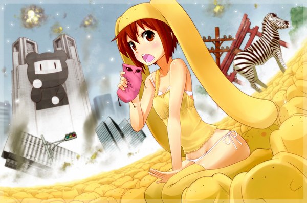 Anime picture 1200x794 with nagian short hair light erotic brown eyes red hair ruins girl hat animal