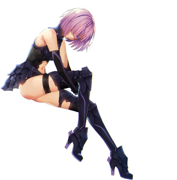 Anime picture 1000x1015 with fate (series) fate/grand order mash kyrielight hakusai (tiahszld) single tall image fringe short hair light erotic simple background white background sitting purple eyes bare shoulders pink hair full body bent knee (knees) hair over one eye bare belly high heels