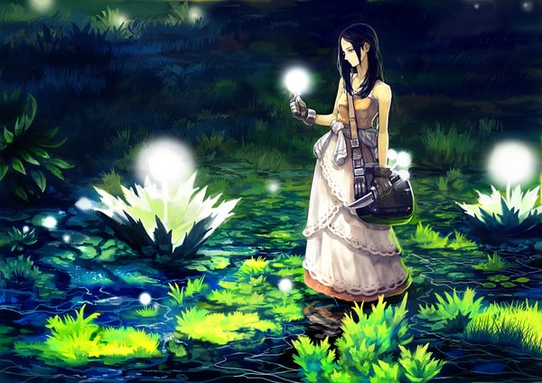 Anime picture 1754x1240 with original okuto single long hair highres black hair bare shoulders brown eyes looking away profile girl dress gloves plant (plants) bag knife