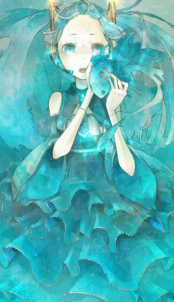 Anime picture 1039x1800 with vocaloid hatsune miku mizutamari tori single long hair tall image looking at viewer open mouth blue eyes twintails holding blue hair nail polish girl detached sleeves frills fish (fishes) microphone