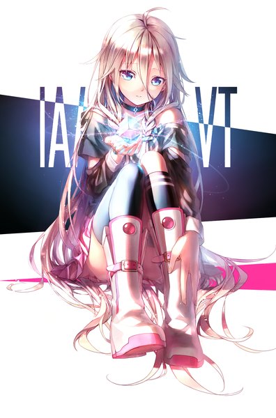 Anime picture 1090x1650 with vocaloid ia (vocaloid) dekatanaba single long hair tall image looking at viewer blue eyes blonde hair sitting ahoge girl thighhighs skirt miniskirt choker boots ring single thighhigh blouse