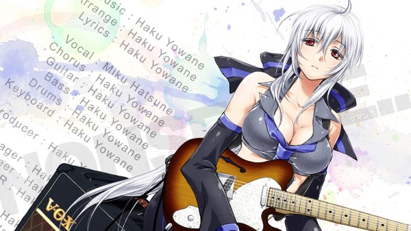 Anime picture 1280x720 with vocaloid yowane haku venuspunk single breasts light erotic red eyes wide image cleavage ahoge white hair girl detached sleeves musical instrument guitar