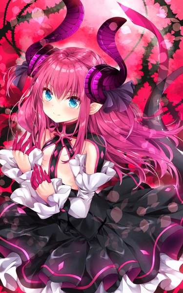 Anime picture 700x1120 with fate (series) fate/extra fate/extra ccc elizabeth bathory (fate) (all) elizabeth bathory (fate) nogi takayoshi single long hair tall image looking at viewer blush fringe open mouth light erotic smile hair between eyes twintails pink hair horn (horns) aqua eyes