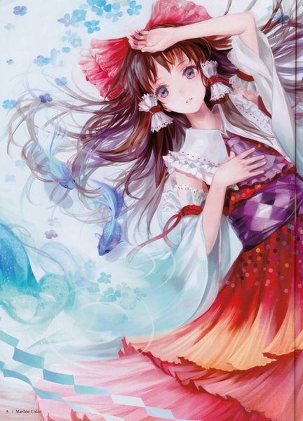 Anime picture 5017x6959 with touhou hakurei reimu siro single long hair tall image fringe highres brown hair brown eyes absurdres lying traditional clothes scan hand on head girl flower (flowers) bow ribbon (ribbons) hair ribbon