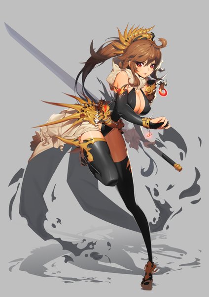 Anime picture 2197x3106 with original [saw] single long hair tall image looking at viewer fringe highres breasts light erotic simple background red eyes brown hair large breasts grey background girl thighhighs weapon black thighhighs