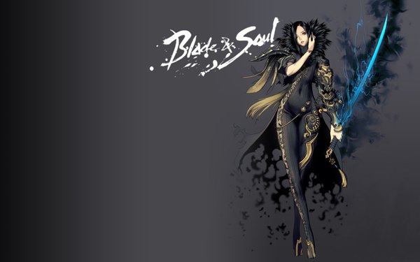 Anime picture 1920x1200 with blade & soul jin seo yeon single highres black hair simple background red eyes wide image inscription grey background covered navel girl weapon sword armor bodysuit