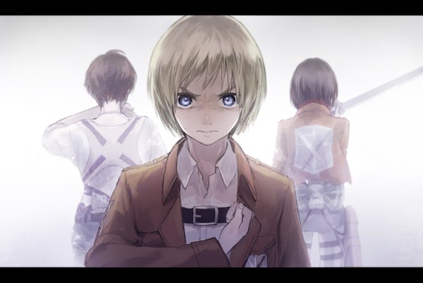 Anime picture 1413x949 with shingeki no kyojin production i.g mikasa ackerman eren yaeger armin arlert watarubou short hair blue eyes simple background blonde hair brown hair from behind multiple boys hand on chest letterboxed serious backlighting girl boy weapon