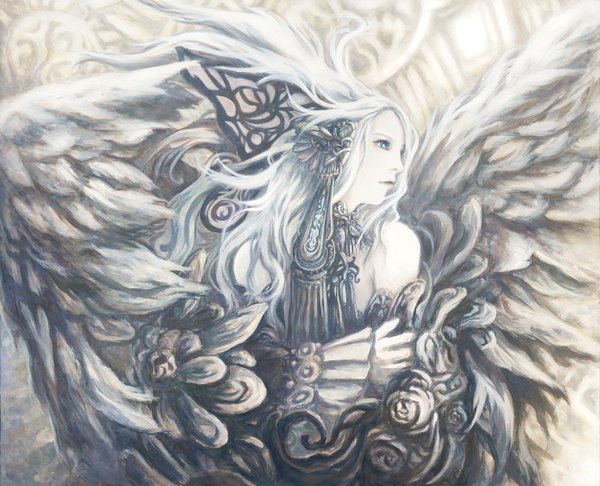 Anime picture 1600x1297 with original komai haruki single long hair blue eyes bare shoulders looking away white hair angel wings girl wings jewelry