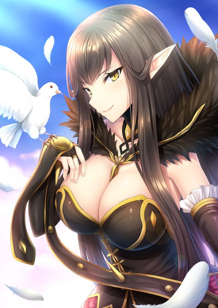 Anime picture 1000x1414 with fate (series) fate/grand order semiramis (fate) taiki ken single long hair tall image fringe breasts light erotic smile brown hair large breasts yellow eyes cleavage upper body pointy ears bird on hand girl detached sleeves