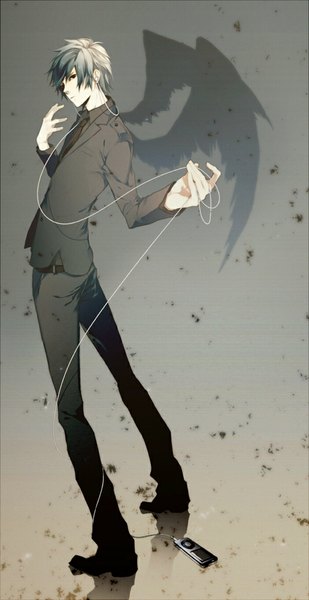 Anime picture 600x1162 with vocaloid kaito (vocaloid) nao (pixiv 549151) single tall image looking at viewer short hair standing grey hair black eyes shadow boy wings necktie jacket headphones pants buttons suit digital media player