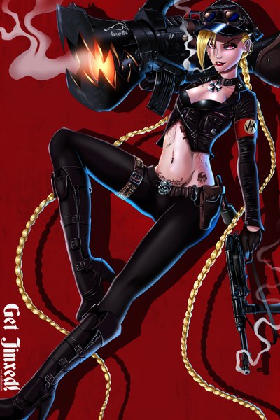 Anime picture 950x1424 with league of legends jinx (league of legends) shadman (theshadling) single tall image light erotic blonde hair simple background very long hair pink eyes midriff tattoo alternate costume piercing red background alternate hair color girl navel weapon earrings