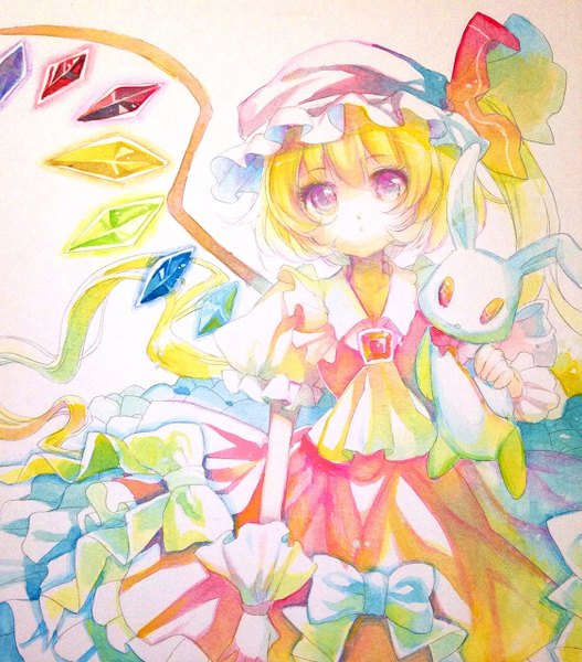 Anime picture 1123x1280 with touhou flandre scarlet wadani hitonori single tall image looking at viewer fringe short hair simple background blonde hair white background very long hair pink eyes one side up traditional media watercolor (medium) girl wings toy stuffed animal