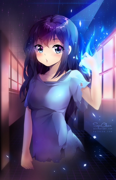 Anime picture 809x1250 with original squchan single long hair tall image looking at viewer blush fringe blue eyes black hair hair between eyes signed indoors :o torn clothes glowing ghost girl dress window