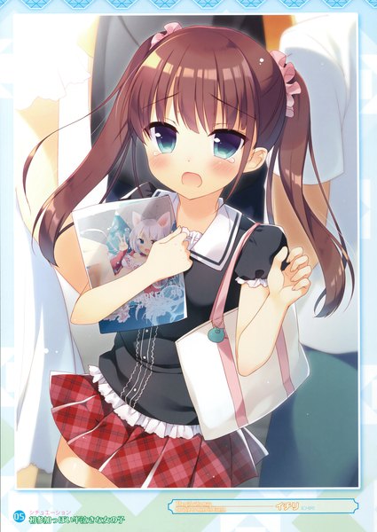 Anime picture 2393x3381 with original sazaki ichiri long hair tall image looking at viewer blush highres open mouth blue eyes brown hair twintails scan loli tears girl skirt miniskirt bag