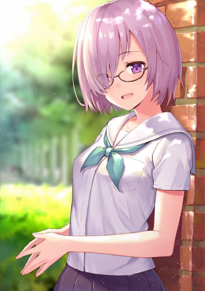 Anime picture 566x800 with fate (series) fate/grand order mash kyrielight haru (hiyori-kohal) single tall image looking at viewer blush fringe short hair open mouth standing purple eyes holding purple hair upper body outdoors head tilt :d pleated skirt