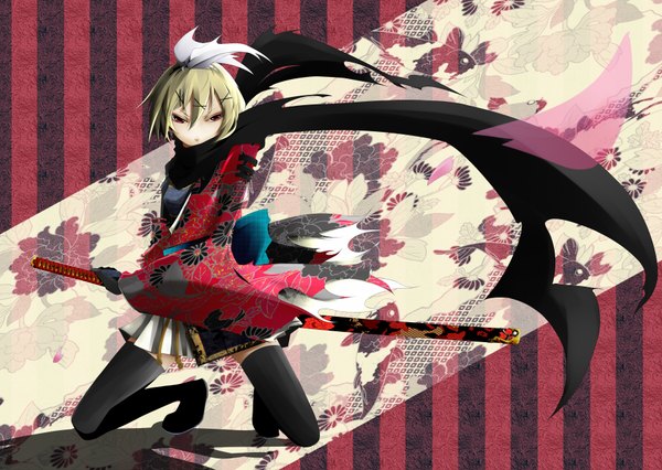 Anime picture 1800x1280 with vocaloid kagamine rin mujun (zipper) single highres short hair blonde hair red eyes holding traditional clothes japanese clothes pleated skirt wind off shoulder shadow floral print squat striped eyeshadow striped background
