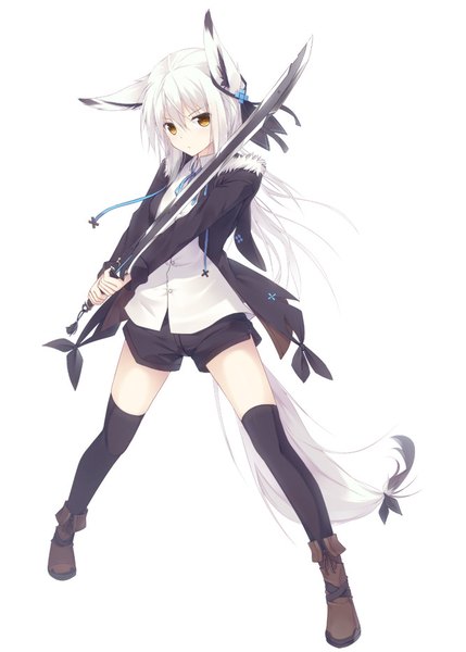 Anime picture 667x932 with original nagishiro mito single long hair tall image looking at viewer simple background white background brown eyes animal ears full body white hair tail animal tail girl thighhighs weapon black thighhighs sword shorts