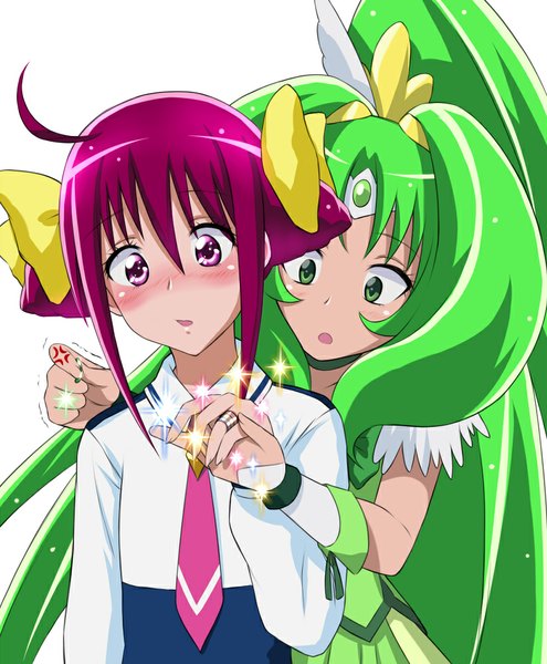 Anime picture 826x1000 with precure smile precure! toei animation midorikawa nao hoshizora miyuki cure march suzushiro yukari long hair tall image blush open mouth simple background white background purple eyes multiple girls green eyes purple hair green hair girl dress