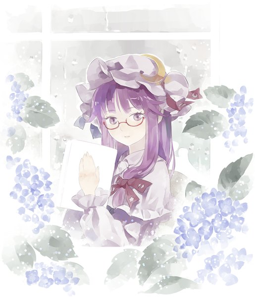 Anime picture 1200x1398 with touhou patchouli knowledge shihou (g-o-s) single long hair tall image looking at viewer fringe purple eyes purple hair girl flower (flowers) bow hair bow hat glasses book (books) bonnet hydrangea