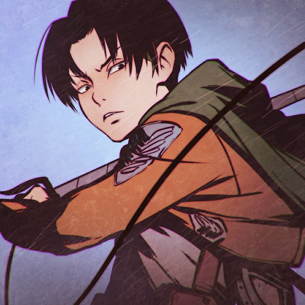 Anime picture 900x900 with shingeki no kyojin production i.g levi (rivaille) ilya kuvshinov single looking at viewer short hair black hair holding parted lips lips black eyes gradient background eyebrows military boy uniform weapon sword cape