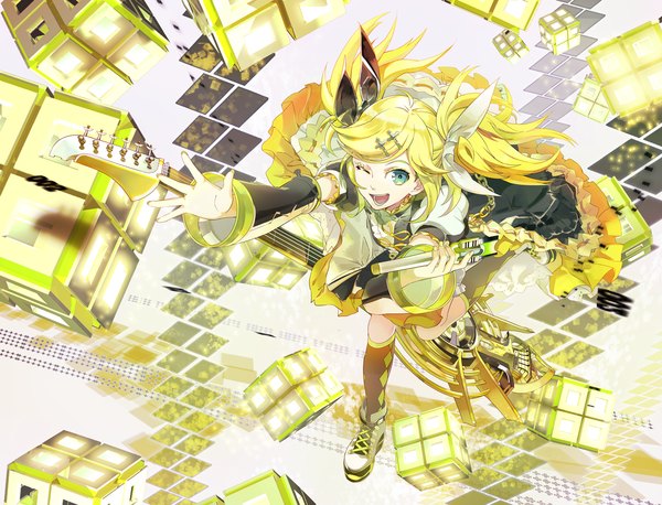 Anime picture 1280x979 with vocaloid kagamine rin 119 single open mouth blonde hair smile nail polish one eye closed aqua eyes from above wink music girl hair ornament detached sleeves socks hairclip guitar cube