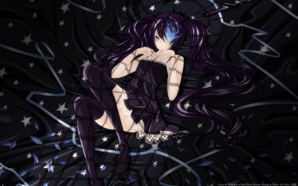 Anime picture 2560x1600 with black rock shooter vocaloid world is mine (vocaloid) hatsune miku black rock shooter (character) kuroi mato dhiea single long hair highres blue eyes wide image twintails bare shoulders purple hair nail polish shadow sleeveless glowing glowing eye (eyes)