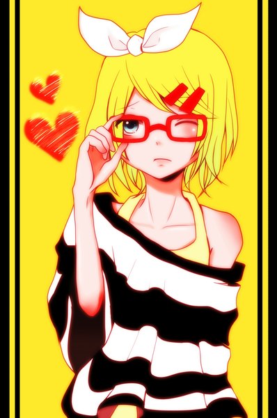 Anime picture 1466x2211 with vocaloid kagamine rin yumeno23 single tall image looking at viewer short hair blue eyes blonde hair one eye closed wink body blush girl hair ornament glasses hairband hairclip