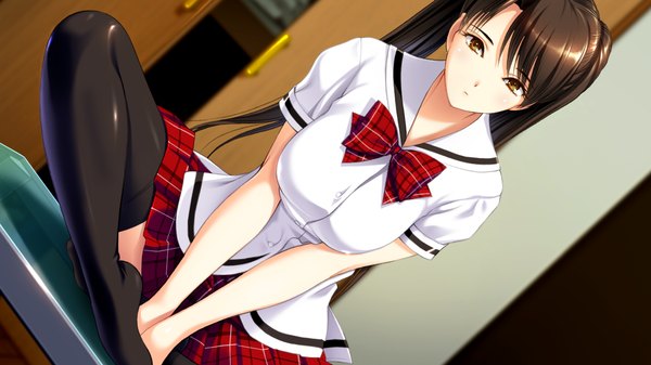 Anime picture 1280x720 with ai shimai iv fujimura manami ichikawa saasha single long hair looking at viewer blush breasts black hair wide image large breasts sitting twintails brown eyes game cg no shoes crossed legs plaid skirt plaid girl