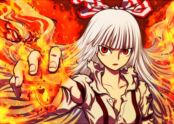 Anime picture 1400x1000 with touhou fujiwara no mokou ah-negitorow single long hair looking at viewer open mouth red eyes white hair girl bow hair bow fire flame