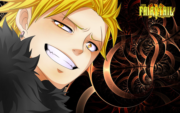 Anime picture 1900x1200 with fairy tail sting eucliffe single highres short hair blonde hair yellow eyes grin boy earrings