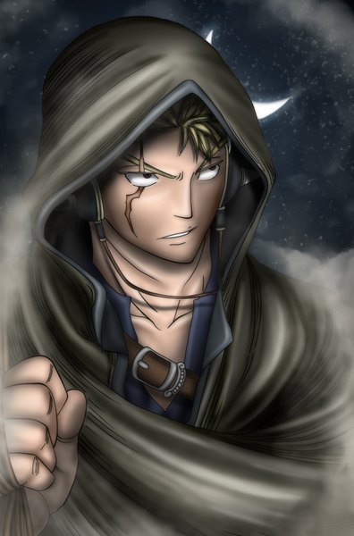 Anime picture 1122x1700 with fairy tail laxus dreyar gray fullbuster (artist) single tall image short hair blonde hair brown eyes night coloring scar boy headphones hood moon cloak wire (wires)
