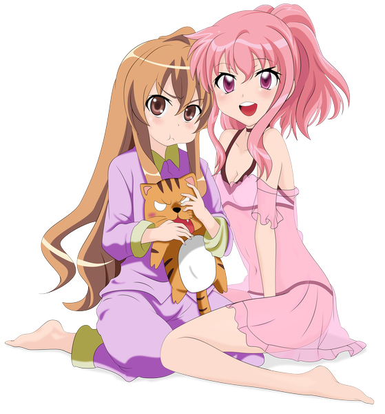 Anime picture 10799x11602 with toradora zero no tsukaima j.c. staff aisaka taiga louise francoise le blanc de la valliere drelyt-tylerd long hair tall image blush highres open mouth smile brown hair multiple girls brown eyes pink hair absurdres ponytail pink eyes transparent background