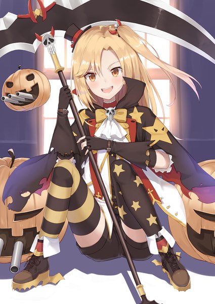 Anime picture 1254x1770 with azur lane cleveland (azur lane) cleveland (devil fever) (azur lane) yukarite single long hair tall image looking at viewer open mouth smile brown hair sitting holding full body :d orange eyes zettai ryouiki one side up halloween star print