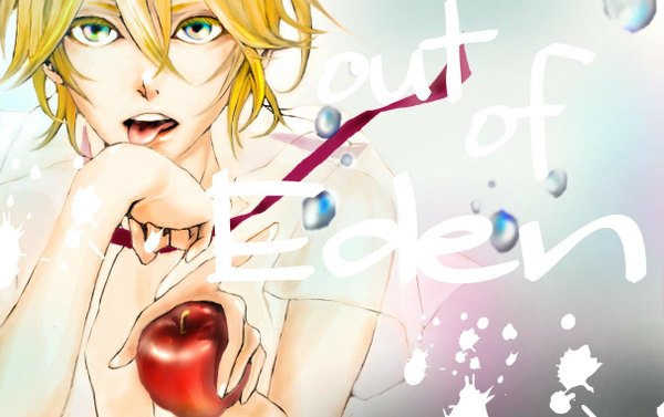 Anime picture 1212x762 with vocaloid out of eden (vocaloid) kagamine len peggy (artist) single short hair open mouth blonde hair green eyes inscription boy ribbon (ribbons) tongue apple