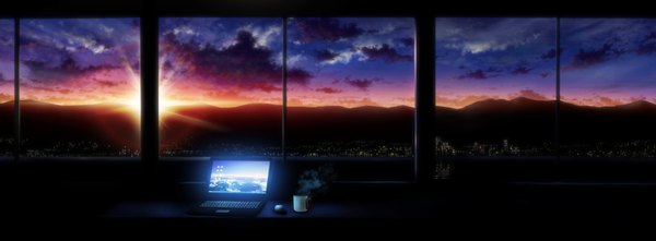 Anime picture 3176x1174 with original tokuninashi (uorat) highres wide image sky cloud (clouds) indoors sunlight city letterboxed horizon cityscape mountain no people sunbeam steam city lights morning sunrise mug