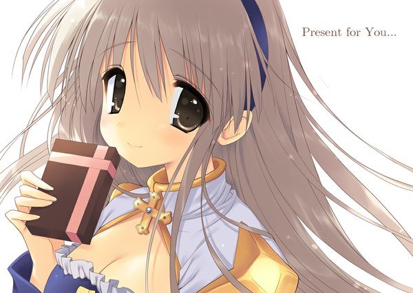 Anime picture 1000x709 with ragnarok online archbishop (ragnarok online) emily (pure dream) single long hair looking at viewer blush simple background white background brown eyes grey hair girl dress gift