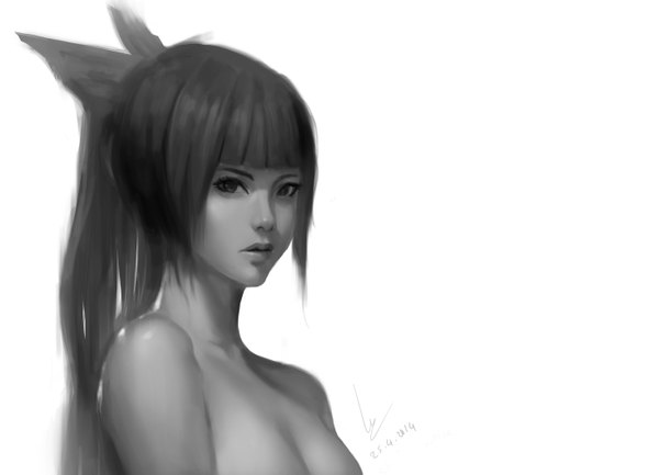 Anime picture 2932x2118 with original chaosringen single long hair looking at viewer highres breasts open mouth light erotic black hair simple background white background bare shoulders upper body ponytail nude lips black eyes realistic monochrome