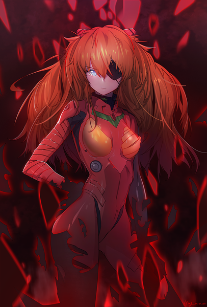 Anime picture 1000x1475 with neon genesis evangelion rebuild of evangelion evangelion: 2.0 you can (not) advance end of evangelion gainax soryu asuka langley shikinami asuka langley hxxg single long hair tall image looking at viewer fringe breasts blue eyes orange hair hand on hip glowing girl hair ornament