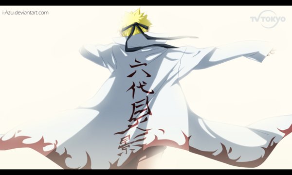 Anime picture 1280x770 with naruto studio pierrot naruto (series) uzumaki naruto i-azu single short hair blonde hair wide image white background inscription coloring back letterboxed jinchuriki hokage boy cloak bandana