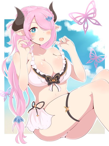 Anime picture 1200x1608 with granblue fantasy narmaya (granblue fantasy) narmaya (summer) (granblue fantasy) arlonn single long hair tall image looking at viewer blush fringe breasts open mouth blue eyes light erotic simple background large breasts white background bare shoulders pink hair sky