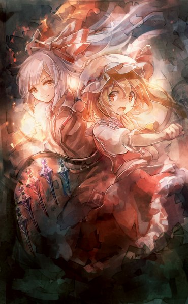 Anime picture 600x972 with touhou flandre scarlet fujiwara no mokou 60mai long hair tall image fringe short hair blonde hair smile red eyes multiple girls purple hair looking back short sleeves one side up open collar girl bow 2 girls