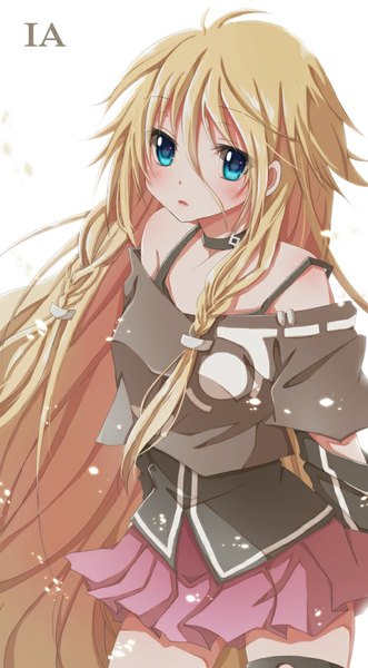 Anime picture 594x1076 with vocaloid ia (vocaloid) hiro (hirohiro31) single long hair tall image blush open mouth blue eyes simple background blonde hair white background bare shoulders braid (braids) girl dress skirt pink skirt